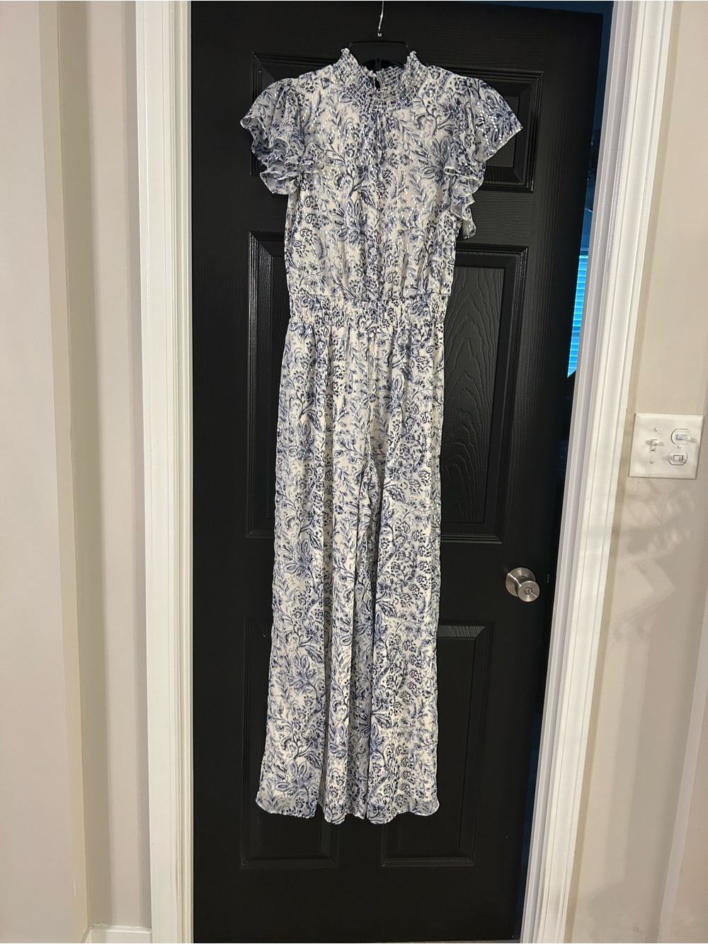 MSK, Women’s White, Silver and Blue Floral One-Piece Jumpsuit, Rayon, SZ M